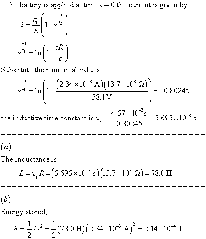 If the battery is applied at time t-0 the current is given by 01-e iR Substitute the numerical values e- ln(1-(2.34x 10-3 A)(