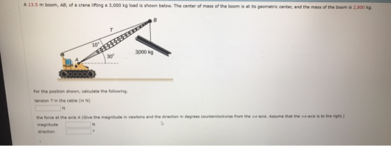 A 13.5 m boom, AB, of a crane lifting a 3,000 kg load is shown below. The center of mass of the boom is at its geometric cent