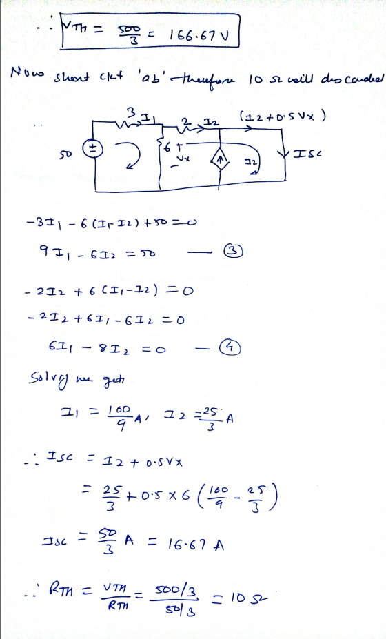 Noth 166.67 V Now short ckt ab Therefore 10 s ceill des couded (52 +0.5 Ux) 로프루 T so ISC 22 -311-6 (Ir-Il) +50 20 911-612 =