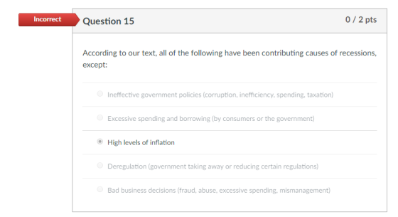 Incorrect - Question 15 0/2 pts According to our text, all of the following have been contributing causes of recessions <xxfo
