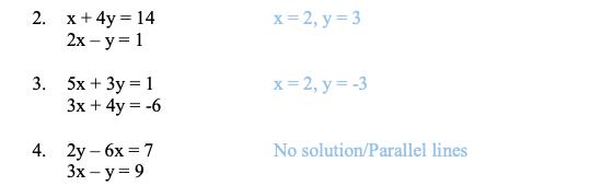 2. x+4y= 14 2x - y=1 x=2, y=3 3. 5x + 3y = 1 3x + 4y = -6 x=2, y=-3 | 4, 2y- 6x =7 3x - y=9 No solution/Parallel lines
