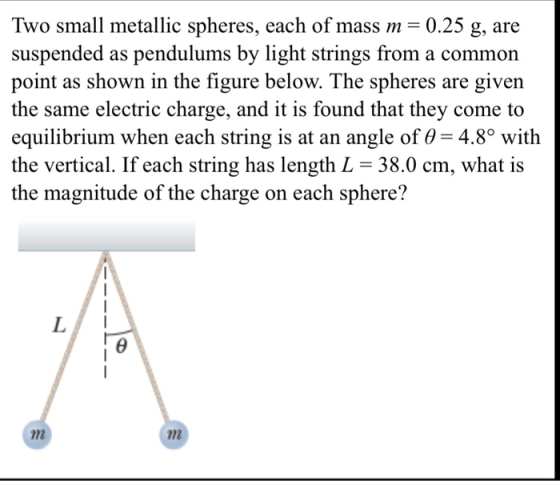 Two small metallic spheres, each of mass m-0.25 g, are suspended as pendulums by light strings from a common point as shown in the figure below. The spheres are given the same electric charge, and it is found that they come to equilibrium when each string is at an angle of θ-4.80 with the vertical. If each string has length L 38.0 cm, what is the magnitude of the charge on each sphere?
