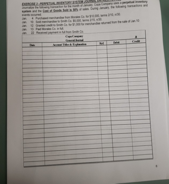 EXERCISE 3 -PERPETUAL INVENTORY SYSTEM JOURNAL EN Journalize the following transaction for the month of January Copa Company