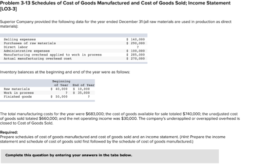 Problem 3-13 Schedules of Cost of Goods Manufactured and Cost of Goods Sold; Income Statement [LO3-3] Superior Company provid