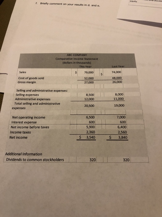 stockh equity f. Briefly comment on your results in d. and e. ABC COMPANY Comparative Income Statement (dollars in thousands)