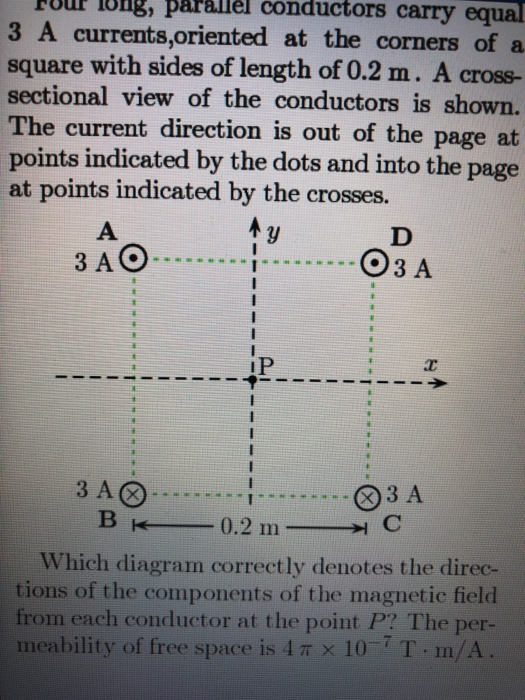 long, paralle conductors carry equal 3 A currents,oriented at the corners of a square with sides of length of 0.2 m. A cross-