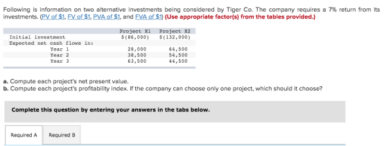 Following is information on two alternative investments being considered by Tiger Co. The company requires a 7% return from i