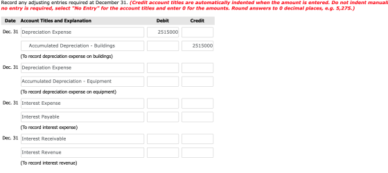 Record any adjusting entries required at December 31. (Credit account titles are automatically indented when the amount is en
