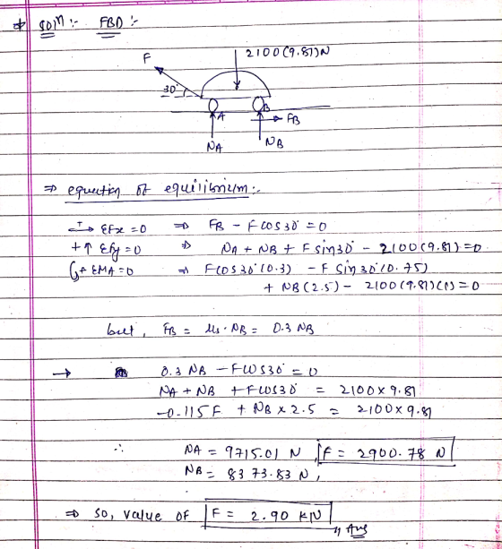 2011... FB) 21009.8710 VA PB NA NB equation of equilibrium : Io Efx=0 ta Ery=0 FB - F00530-0 NA + NB + F sin30 - 2100 (9.81)=