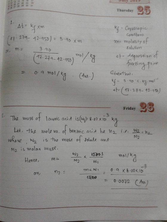 13 14 15 16 20 21 22 23 726 29 30 31 24 25 Thursday !. At= k= Cayoscopic Constamt %3D 279-42.950) = 3.90 xm 47 m molatity of