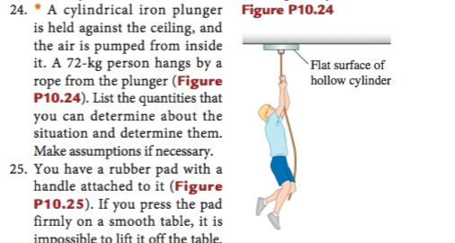 24. A cylindrical iron plunger is held against the ceiling, and the air is pumped from inside it. A 72-kg person hangs by a rope from the plunger (Figure P10.24). List the quantities that you can determine about the situation and determine them. Make assumptions if necessary Figure P10.24 Flat surface of hollow cylinder 25. You have a rubber pad with a handle attached to it (Figure P10.25). If you press the pad firmly on a smooth table, it is impossible to lift it off the table