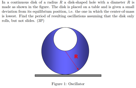 In a continuous disk of a radius R a disk-shaped hole with a diameter R is made as shown in the figure. The disk is placed on a table and is given a small deviation from its equilibrium position, i.e. the one in which the center-of-mass is lowest. Find the period of resulting oscillations assuming that the disk only rolls, but not slides. (3P) Figure 1: Oscillator