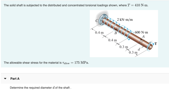 The solid shaft is subjected to the distributed and concentrated torsional loadings shown, where T = 410 N·m. 2 kN.m/m 0.4 m
