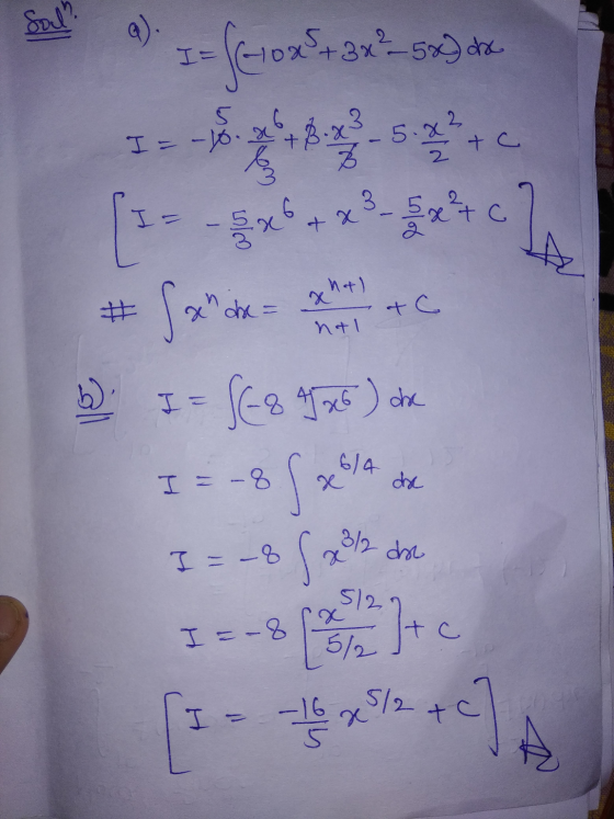 Sol al I= S610x+3x+=sw) te 3 5 I = -lo. ده ليه 5.& 2 tc 2 3 5 x ² + c dhe = ght) # nal b. I - S-8 J26) de 6/4 I = – 8 de I=-8