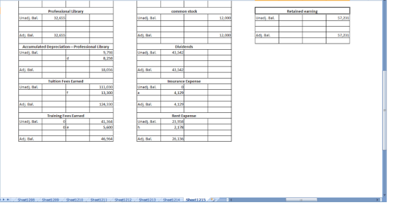 Professional Libra common stock Retained earni Unadj. Bal 32,655 Unadj. Bal 12,000 Unadj. Bal 57,231 Adj. Bal 32,655 Adj. Bal 12,000 Adj. Bal 57,231 Accumulated Depreciation-Professional Libra Dividends Unadi. Bal 9,798 8,258 Unadj. Bal 43,542 Adi. Bal 18,056 Adj. Bal 43,542 Tuition Fees Earned Insurance Expense Unadi. Bal 111,030 13,300 Unadj. Bal 4,129 Adj. Bal 124.330 Adj. Bal 4,129 Training Fees Earned Rent Expense Unadi. Bal 41,364 5,600 Unadj. Bal 23,958 Adj. Bal 46,964 Adj. Bal 26,136 14