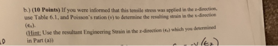 b.) (10 Points) If you were informed that this tensile stress was applied in the 2-direction, use Table 6.1, and Poissons ra