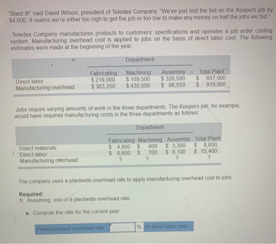 Blast it! said David Wilson, president of Teledex Company. Weve just lost the bid on the Koopers job by $4,000. It seems