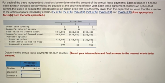 For each of the three independent situations below determine the amount of the annual lease payments. Each describes a financ