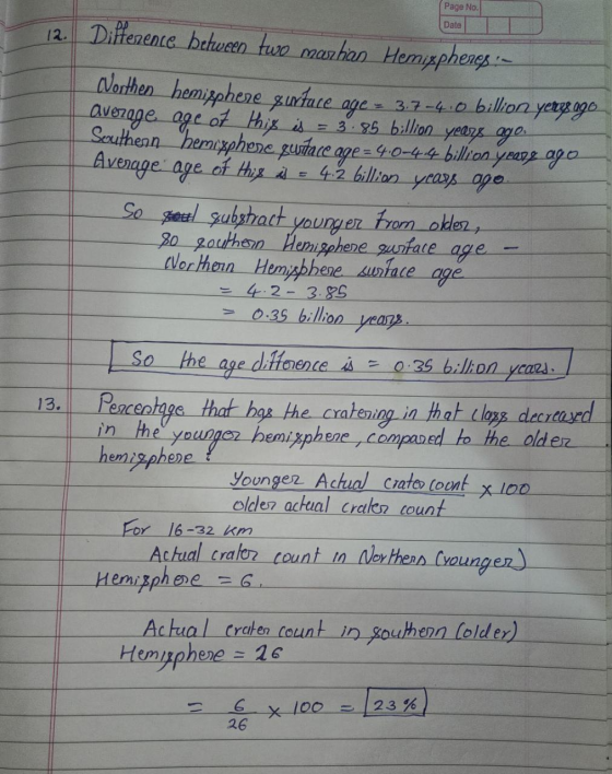 Page No. Date 12 Difference between two marhias Hemispheres.- Cvorthen hemisphere gurtace age 3.7-4.0 billion yerys ago avera