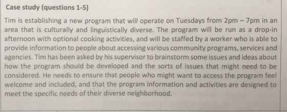 Case study (questions 1-5) Tim is establishing a new program that will operate on Tuesdays from 2pm - 7pm in an area that is