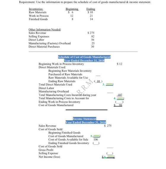 Requirement: Use the information to prepare the schedule of cost of goods manufactured & income statement. Beginning S6 Inven