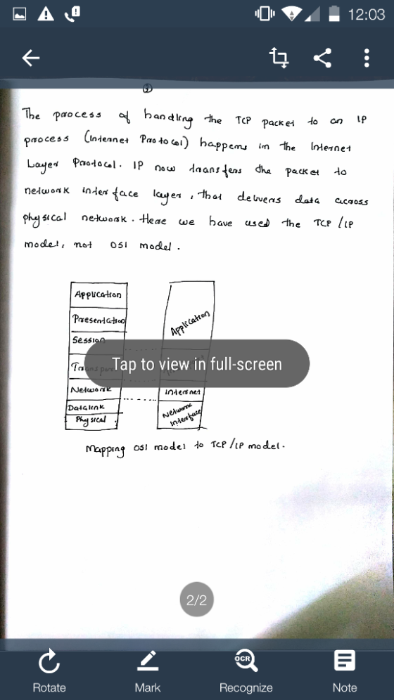 12:03 The pao cess handlrr,he pnocess Cntennet Pas to ai) happem in the In-erne1 the TcP packer to stcal ne-twoak . Heae we have used the TluP moddet, not Osi mode Appucelten Presenia-h Sessı on Tap to view in full-screen stcal PpA ! model lo TcP /ie model 2/2 OCR Rotate Mark Recognize Note