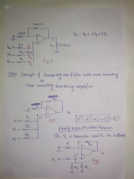 looks 20kh Vo = Va+2V6+3 V -+ No 4.7k Na o Vbo Ra De Rb=15 kn Rc Vco win figit De Now Concept of Summing amplifier with mon.