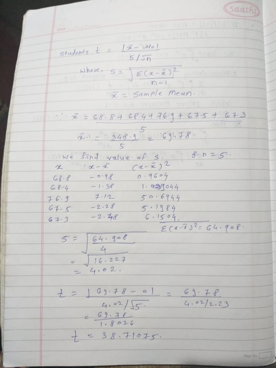 Caathi 1 - Mol students t = 5150 where, 5= ecară 22 n-1 Sample mean. X = - ł = 68. 87 68.44 76-9 + 67.5 + 67.3 sł. 348.96 169