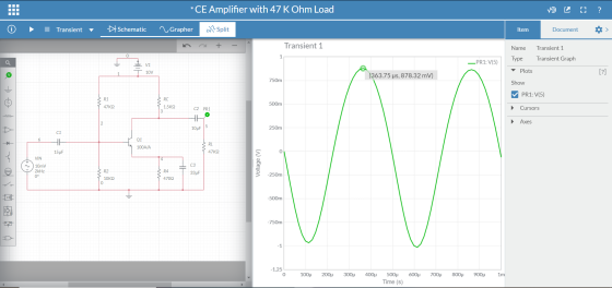 * CE Amplifier with 47 K Ohm Load [ ? Transient Schematic Grapher sti Split Item Document Transient 1 Name Transient 1 0 1 Ty