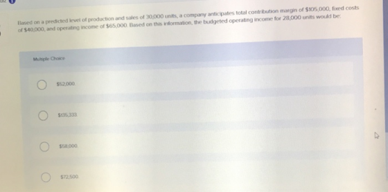 Based on a predicted level of production and sales of 30,000 units, a company anticipates total contribution margin of $105,0