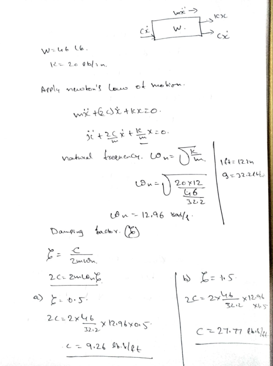 mine - 100 W = 46 16. R= 20 eblin. Apply newtons law of motion. moc tec) * flexio. si + 2 x + 6 x=0. natural frequency. Con-