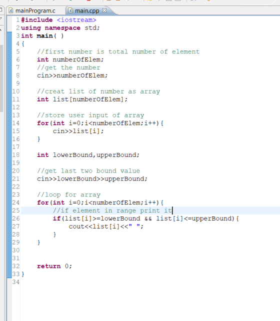 mainProgram.c 1 #include <iostream> 2using namespace std; 3int main( ) main.cpp //first number is total number of element int