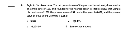 Refer to the above data. The net present value of the proposed investment, discounted at an annual rate of 15% and rounded to