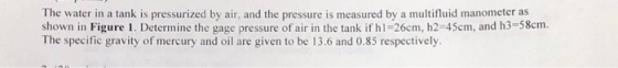 The water in a tank is pressurized by air, and the pressure is measured by a multifluid manometer as shown in Figure 1. Deter