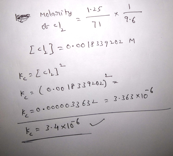 e molarity 1-25 Ob el 71 M Oooo 18339202 M &= [ch] ² Ķ - (0.0018 339202) = &=0.0000033632 23-363x106 ķ= 3.48106 -