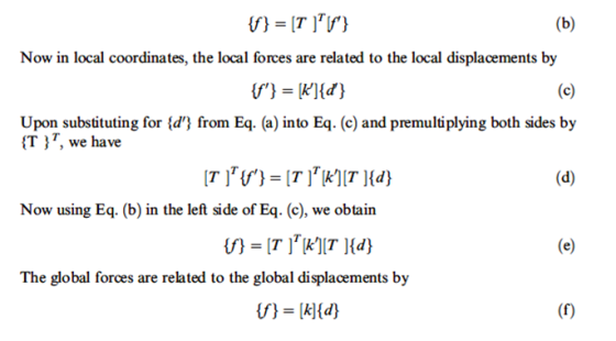 {f} = [1 ]lt} (b) Now in local coordinates, the local forces are related to the local displacements by {f} = [K]{d} (0) Upo