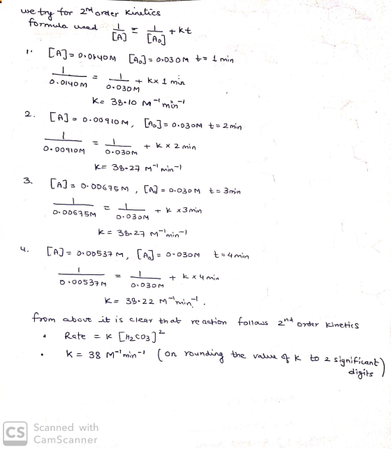 we try for and order kinetics formula used h = 4+kt LAJ=oooryou Tal= 0.030M to 1 min -- I + Kx 1 min 0.0140m 0.030 m K= 38.