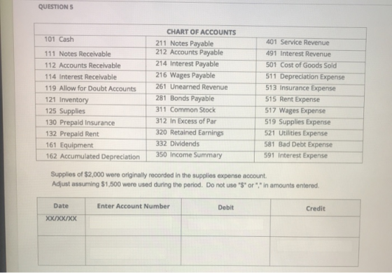 QUESTIONS CHART OF ACCOUNTS 101 Cash 211 Notes Payable 401 Service Revenue 111 Notes Receivable 212 Accounts Payable 491 Inte
