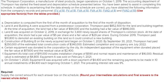 The Thompson Corporation, a manufacturer of steel products, began operations on October 1, 2019. The accounting department of