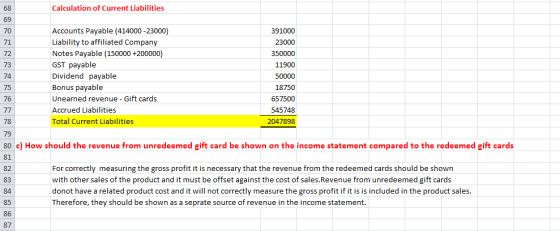 Calculation of Current Liabilities 70 71 72 73 74 75 76 Accounts Payable (414000 -23000) Liability to affiliated Company Notes Payable (150000 +200000) GST payable Dividend payable Bonus payable Unearned revenue Gift cards Accrued Liabilities Total Current Liabilities 391000 23000 11900 18750 657500 545748 2047898 79 80 c) How should the revenue from unredeemed gift card be shown on the income statement compared to the redeemed gift cards 81 82 83 84 85 86 87 For correctly measuring the gross profit it is necessary that the revenue from the redeemed cards should be shown with other sales of the product and it must be offset against the cost of sales.Revenue from unredeemed gift cards donot have a related product cost and it will not correctly measure the gross profit if it is is included in the product sales. Therefore, they should be shown as a seprate source of revenue in the income statement.