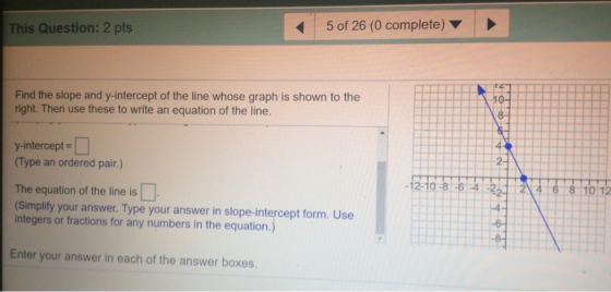 This Question: 2 pts 5 of 26 (0 complete) Find the slope and y-intercept of the line whose graph is shown to the right. Then
