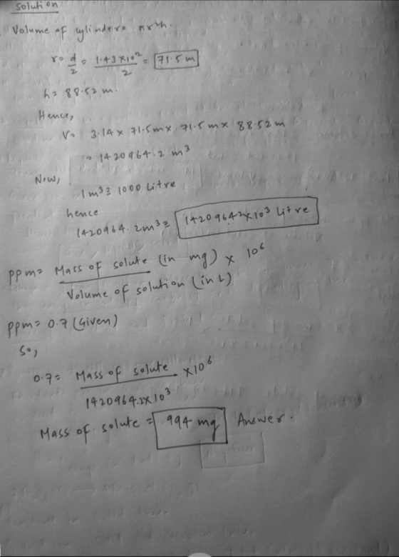 Soluh on Volume f ylinde 1.43 15m Hencr V3.14x1mx mx gg52m 14 20 4642 m3 Now m33 1000 Litre hence (420464. im3220444103 4t re