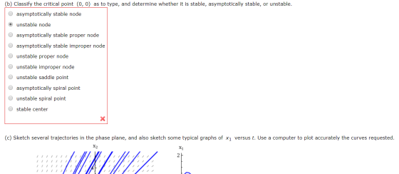 (b) Classify the critical point (0,0) as to type, and determine whether it is stable, asymptotically stable, or unstable. O a