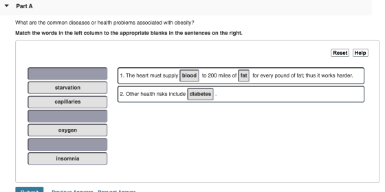 Part A What are the common diseases or health problems associated with obesity? Match the words in the left column to the app