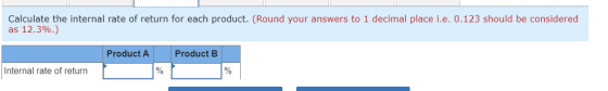 Calculate the internal rate of return for each product. (Round your answers to 1 decimal place i.e. 0.123 should be considere