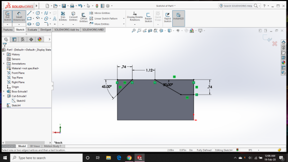 Sketch4 of Part1 * Search SOLIDWORKS Help Q- ?- - O X 35 SOLIDWORKS ODO-90W-@ 30- 1 / 6 -N - D F 61 Mirror Entities Exit Smar