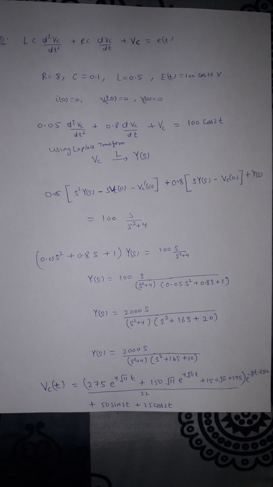 2 Lcd²vc + RC a vc + Vc = elt! dt dt² R=8, c=01, L=ois, Elt) = 100 cosat v Viola Vo=0 + 0.05 d²Vc dt² 0.8 dve + c = 100 coszt