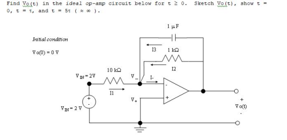 Find valt) in the ideal op-amp circuit below for t o. sketch Vodt), show t = Initial condifion 12 I1 V o)