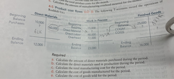 Lite the total product e. Calculate the amount of me 4-5 Product cost flows Roddick Co. Plud costs for u product costs for th