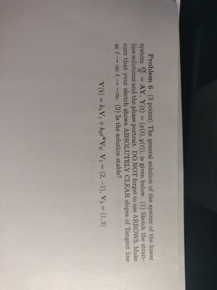 Problem 6 (3 points) The general solution of the system of the linear system * = AY, Y)= ((0),y(t)), is given below. (1) Sket